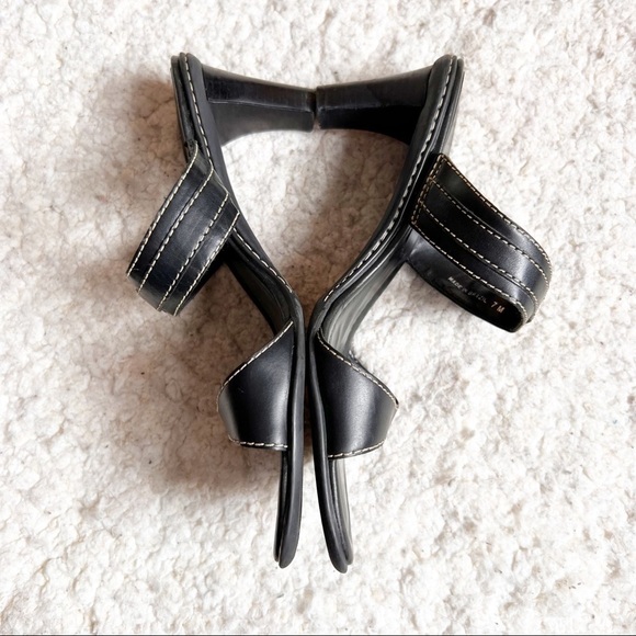 Etienne Aigner Black and Exposed Cream Stitching Buckle Slip On Sandal Heels - Picture 5 of 9